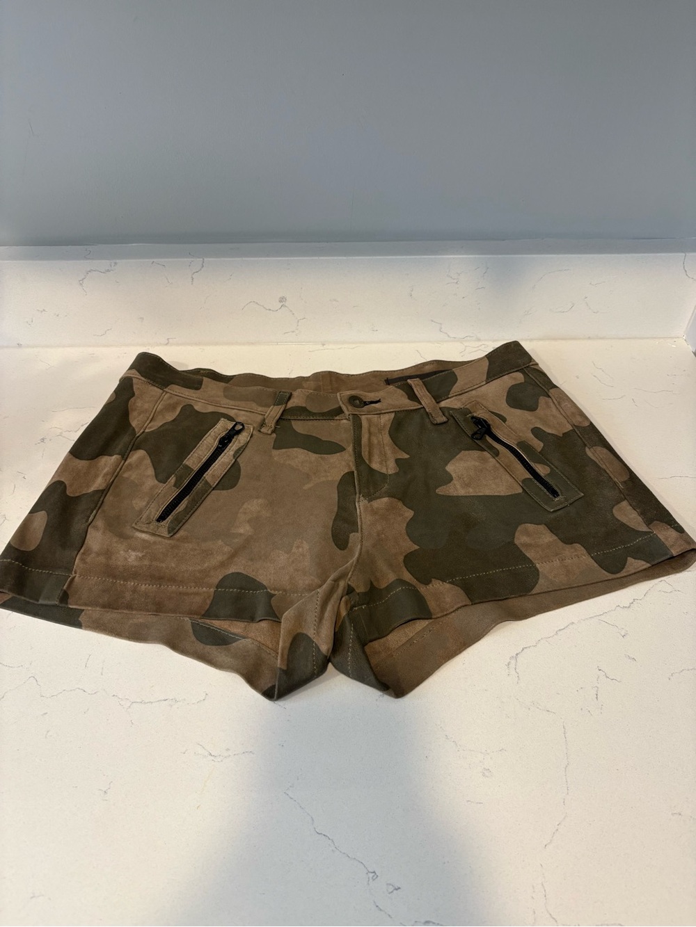 rag & bone Camo Print lamb, suede Shorts in Olive and Tan
